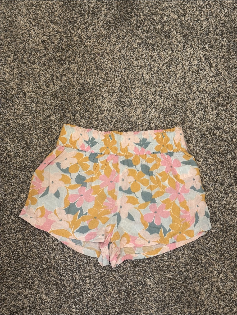 O'Neill Floral Elastic Waist Shorts in Pink, Mustard & Pale Blue